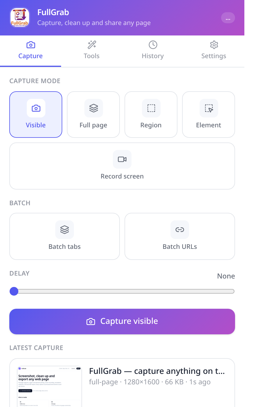 FullGrab Capture tab with visible, full page, region, element and record screen modes plus batch options