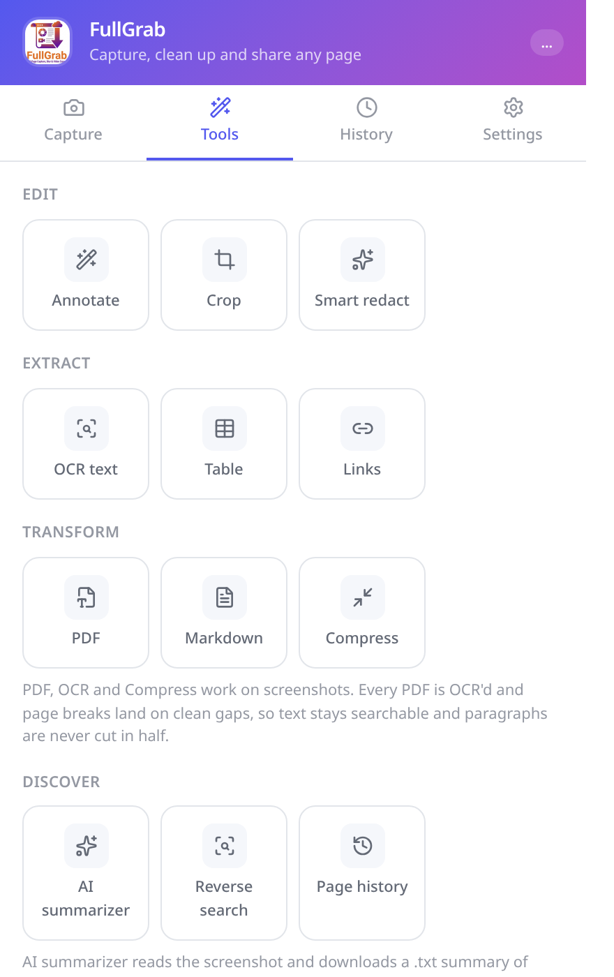 FullGrab exporting OCR text, CSV tables and PDFs